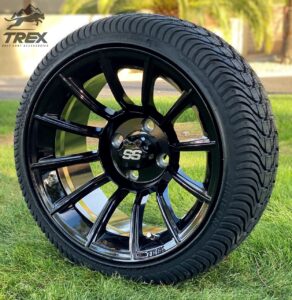 14″ TITAN GLOSS BLACK ALUMINUM WHEELS LOW PROFILE DOT TIRES COMBO FOR SALE